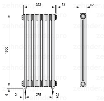 Схема (чертеж) Радиатор Zehnder Charleston 2180/7 №3570 Белый глянцевый RAL 9016